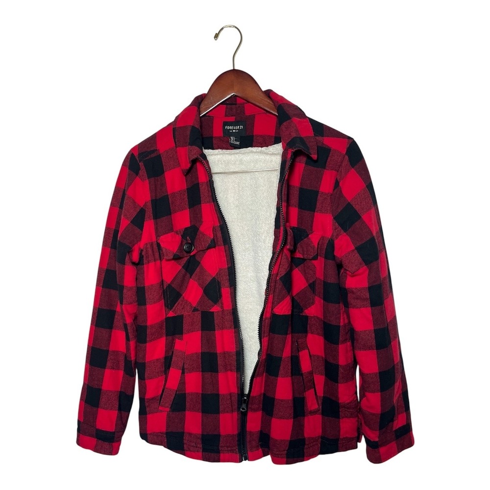 Grunge Style Flannel Jacket Women L Red Black Buffalo Plaid Sherpa Lined Zip Up